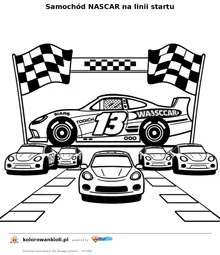 Samochód NASCAR na linii startu — kolorowanka do wydruku dla dzieci