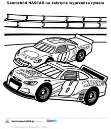 Samochód NASCAR na zakręcie wyprzedza rywala — kolorowanka do wydruku dla dzieci