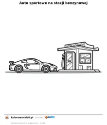Auto sportowe na stacji benzynowej — kolorowanka do wydruku dla dzieci