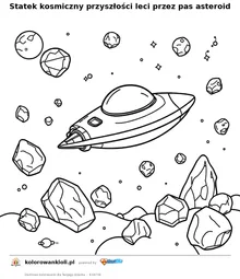 Statek kosmiczny przyszłości leci przez pas asteroid — kolorowanka do wydruku dla dzieci