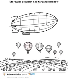 Sterowiec zeppelin nad targami balonów — kolorowanka do wydruku dla dzieci
