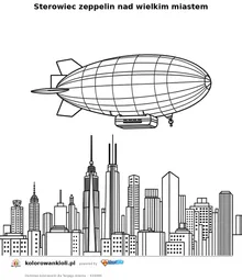 Sterowiec zeppelin nad wielkim miastem — kolorowanka do wydruku dla dzieci