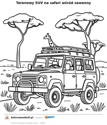Terenowy SUV na safari wśród sawanny — kolorowanka do wydruku dla dzieci