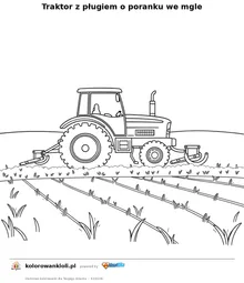 Traktor z pługiem o poranku we mgle — kolorowanka do wydruku dla dzieci