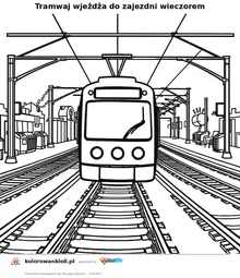 Tramwaj wjeżdża do zajezdni wieczorem — kolorowanka do wydruku dla dzieci