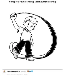 Chłopiec rzuca skórkę jabłka przez ramię — kolorowanka do wydruku dla dzieci