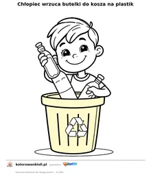 Chłopiec wrzuca butelki do kosza na plastik — kolorowanka do wydruku dla dzieci