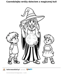 Czarodziejka wróży dzieciom z magicznej kuli — kolorowanka do wydruku dla dzieci