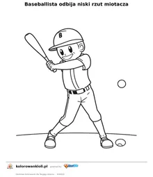 Baseballista odbija niski rzut miotacza — kolorowanka do wydruku dla dzieci