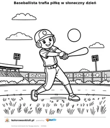 Baseballista trafia piłkę w słoneczny dzień — kolorowanka do wydruku dla dzieci