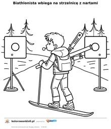 Biathlonista wbiega na strzelnicę z nartami — kolorowanka do wydruku dla dzieci