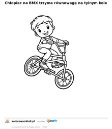 Chłopiec na BMX trzyma równowagę na tylnym kole — kolorowanka do wydruku dla dzieci