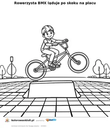 Rowerzysta BMX ląduje po skoku na placu — kolorowanka do wydruku dla dzieci