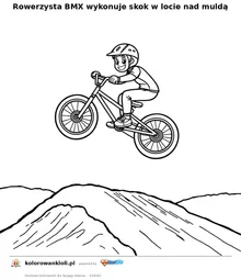 Rowerzysta BMX wykonuje skok w locie nad muldą — kolorowanka do wydruku dla dzieci