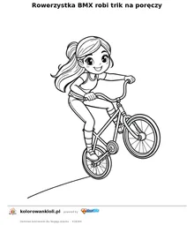 Rowerzystka BMX robi trik na poręczy — kolorowanka do wydruku dla dzieci
