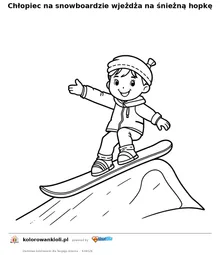 Chłopiec na snowboardzie wjeżdża na śnieżną hopkę — kolorowanka do wydruku dla dzieci