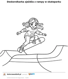 Deskorolkarka zjeżdża z rampy w skateparku — kolorowanka do wydruku dla dzieci