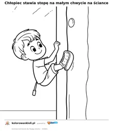 Chłopiec stawia stopę na małym chwycie na ściance — kolorowanka do wydruku dla dzieci