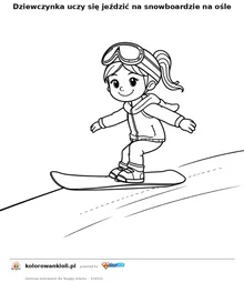 Dziewczynka uczy się jeździć na snowboardzie na ośle — kolorowanka do wydruku dla dzieci