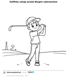Golfista celuje przed długim uderzeniem — kolorowanka do wydruku dla dzieci