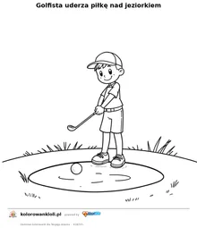 Golfista uderza piłkę nad jeziorkiem — kolorowanka do wydruku dla dzieci