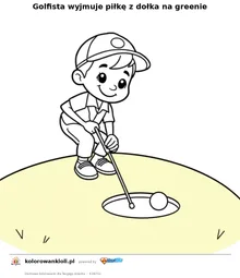 Golfista wyjmuje piłkę z dołka na greenie — kolorowanka do wydruku dla dzieci