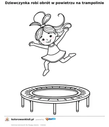 Dziewczynka robi obrót w powietrzu na trampolinie — kolorowanka do wydruku dla dzieci
