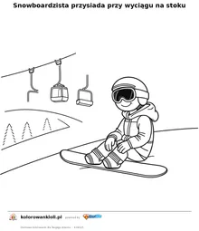 Snowboardzista przysiada przy wyciągu na stoku — kolorowanka do wydruku dla dzieci