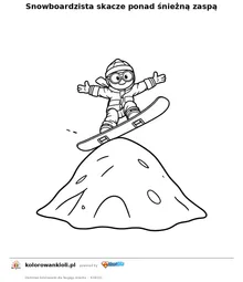 Snowboardzista skacze ponad śnieżną zaspą — kolorowanka do wydruku dla dzieci