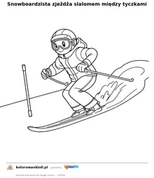 Snowboardzista zjeżdża slalomem między tyczkami — kolorowanka do wydruku dla dzieci