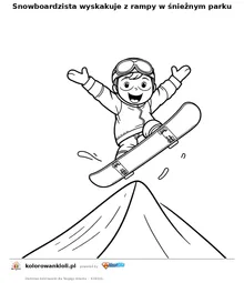 Snowboardzista wyskakuje z rampy w śnieżnym parku — kolorowanka do wydruku dla dzieci