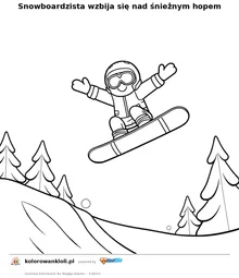 Snowboardzista wzbija się nad śnieżnym hopem — kolorowanka do wydruku dla dzieci