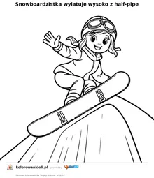 Snowboardzistka wylatuje wysoko z half-pipe — kolorowanka do wydruku dla dzieci