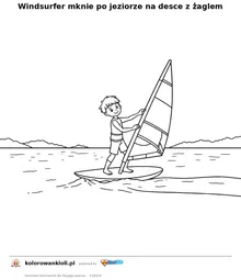 Windsurfer mknie po jeziorze na desce z żaglem — kolorowanka do wydruku dla dzieci