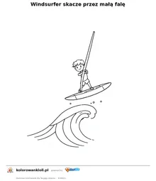 Windsurfer skacze przez małą falę — kolorowanka do wydruku dla dzieci