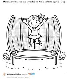 Dziewczynka skacze wysoko na trampolinie ogrodowej — kolorowanka do wydruku dla dzieci