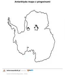 Antarktyda mapa z pingwinami — kolorowanka do wydruku dla dzieci
