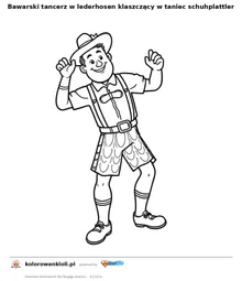 Bawarski tancerz w lederhosen klaszczący w taniec schuhplattler — kolorowanka do wydruku dla dzieci