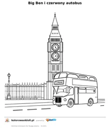Big Ben i czerwony autobus — kolorowanka do wydruku dla dzieci