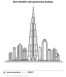 Burj Khalifa nad panorama Dubaju — kolorowanka do wydruku dla dzieci