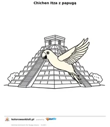 Chichen Itza z papugą — kolorowanka do wydruku dla dzieci