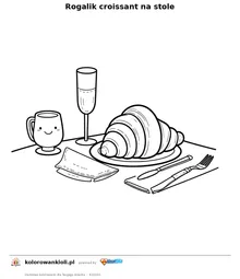 Rogalik croissant na stole — kolorowanka do wydruku dla dzieci