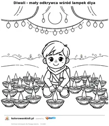 Diwali - maly odkrywca wsrod lampek diya — kolorowanka do wydruku dla dzieci