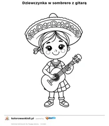 Dziewczynka w sombrero z gitarą — kolorowanka do wydruku dla dzieci