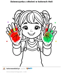 Dziewczynka z dlonmi w kolorach Holi — kolorowanka do wydruku dla dzieci