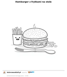 Hamburger z frytkami na stole — kolorowanka do wydruku dla dzieci