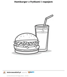 Hamburger z frytkami i napojem — kolorowanka do wydruku dla dzieci