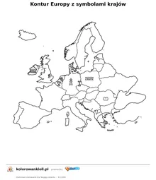Kontur Europy z symbolami krajów — kolorowanka do wydruku dla dzieci