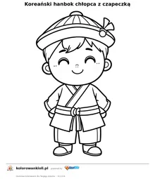 Koreański hanbok chłopca z czapeczką — kolorowanka do wydruku dla dzieci