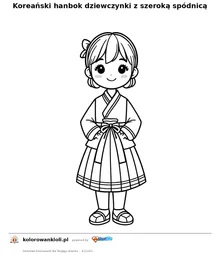Koreański hanbok dziewczynki z szeroką spódnicą — kolorowanka do wydruku dla dzieci